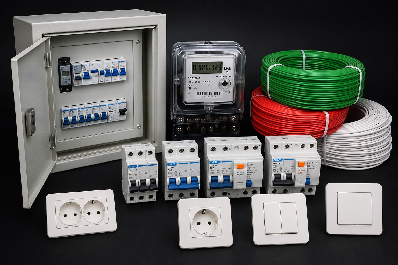 Tablero eléctrico, medidor, protecciones, cables y enchufes