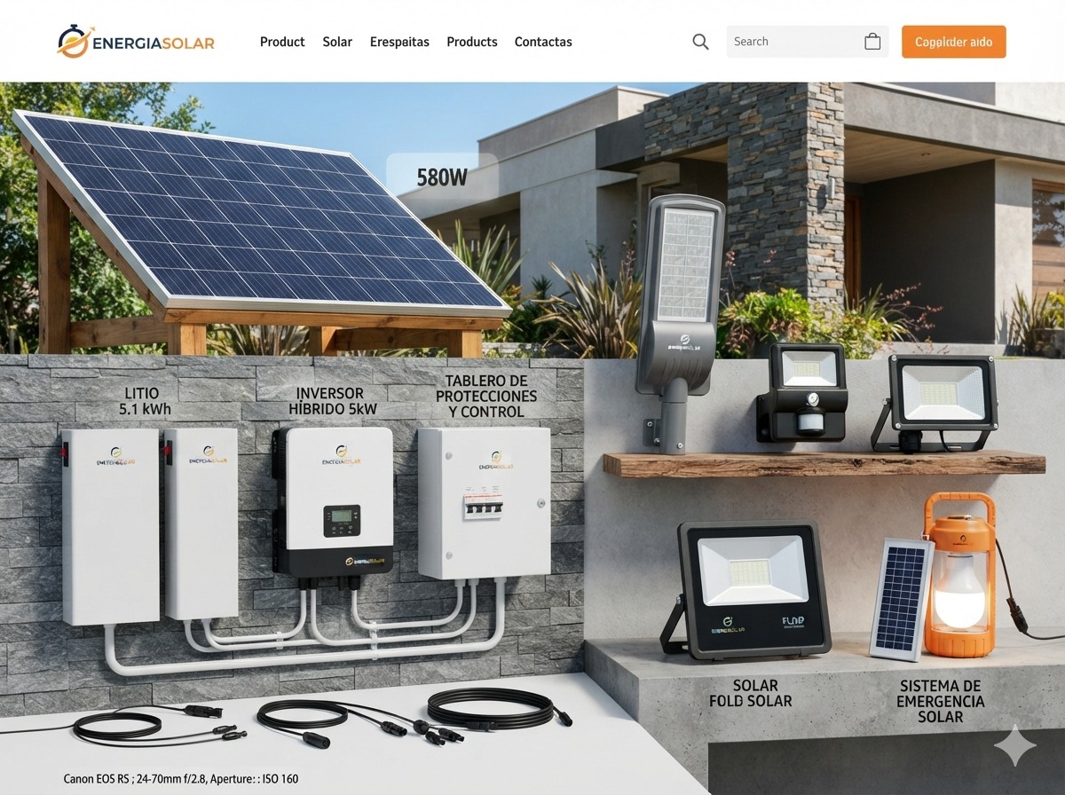 Panel solar, inversor híbrido, batería de litio y focos solares