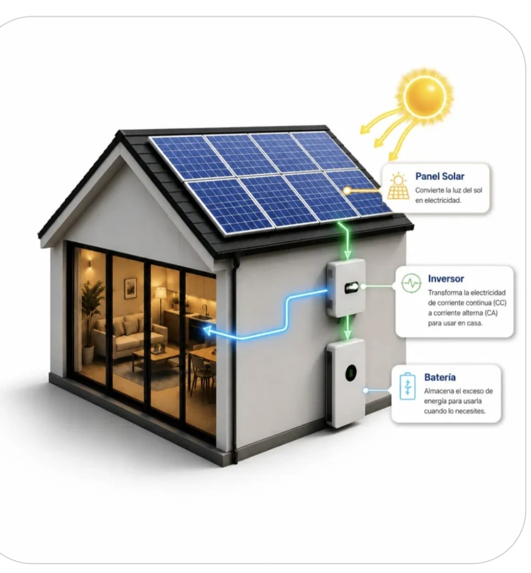 Instalación de un sistema solar: panel, inversor y batería en una vivienda
